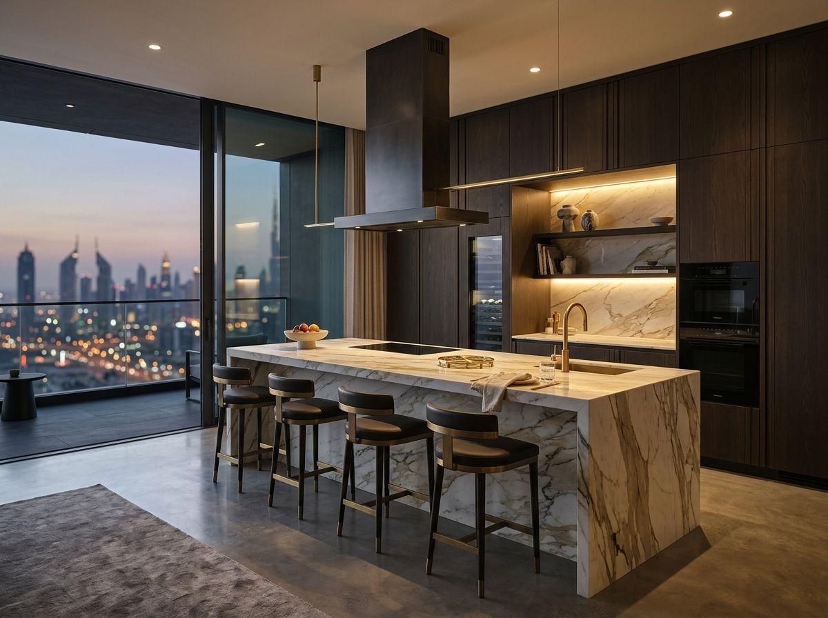Italian Modular Kitchen with Quartz Island by Chavadi Interiors